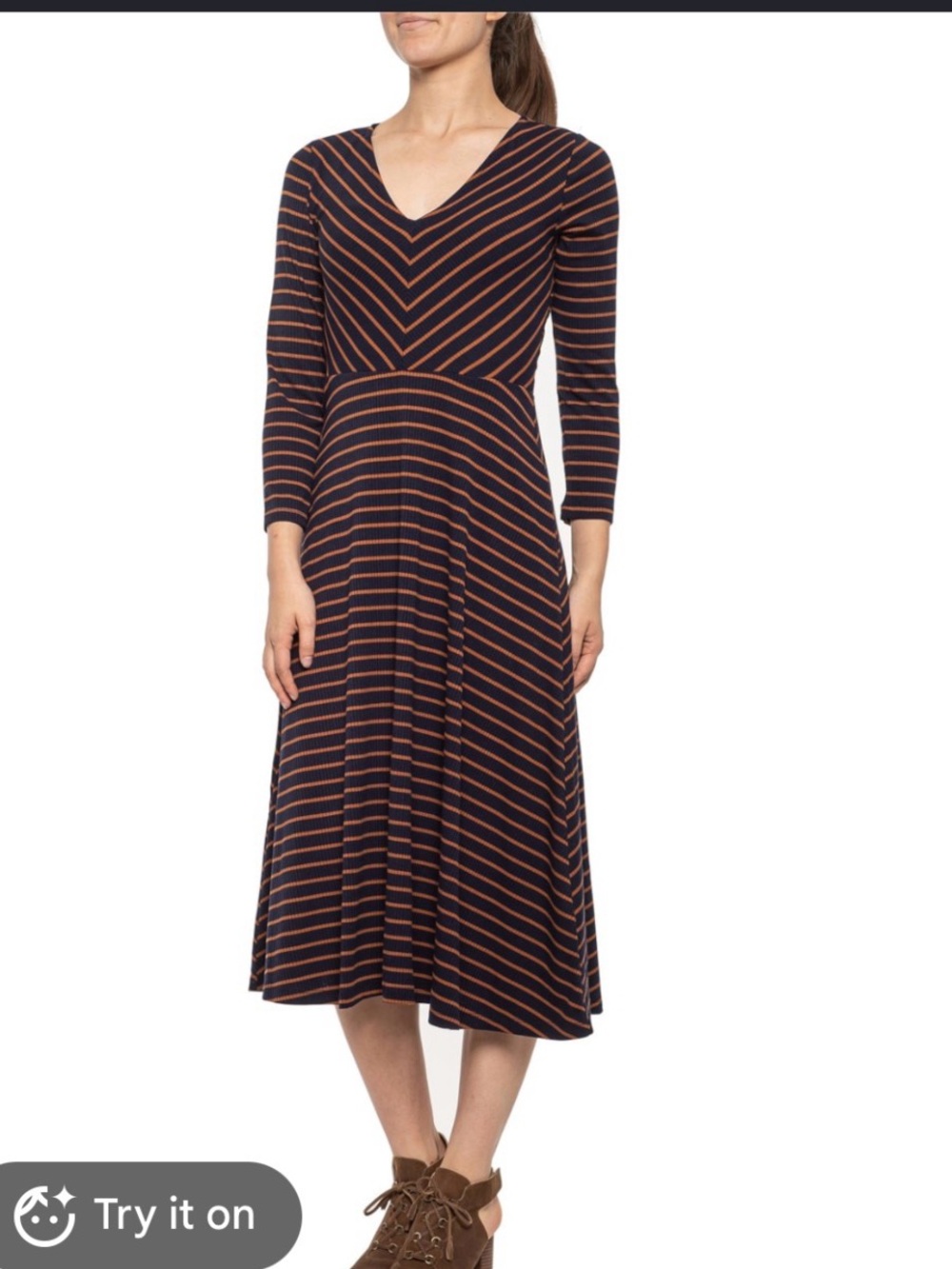 Rachel Zoe Navy and Rust Striped V‑Neck Midi Dress